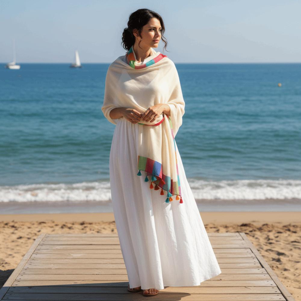 Rainbow-Border Summer Shawl Tasseled Beach Wrap Neck Wrap Sunscreen Sarong  Fashionistas