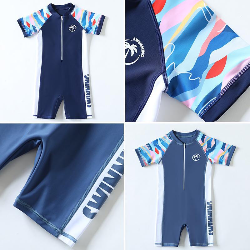 Korean Style Boys' One-Piece Swimsuit with Sun Protection - Quick Dry, Print Design for Kids (S, M, L)