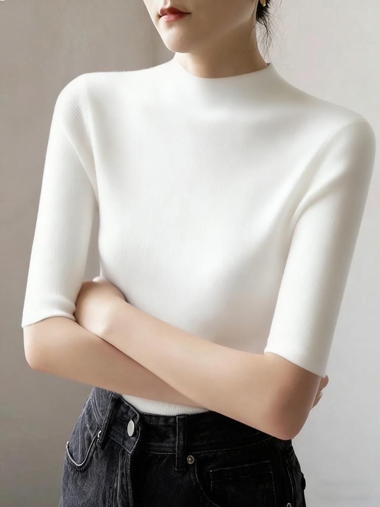 Women Mock Neck Pullover Five‑Quarter Sleeve Slim Knit Sweater Solid Color Basic Undershirt S‑3XL