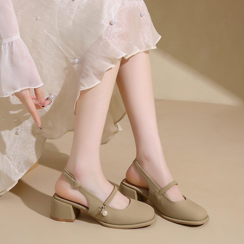 French thick heel empty bag head sandals women's summer 2025 new shallow mouth versatile square head single shoes high heel women's shoes