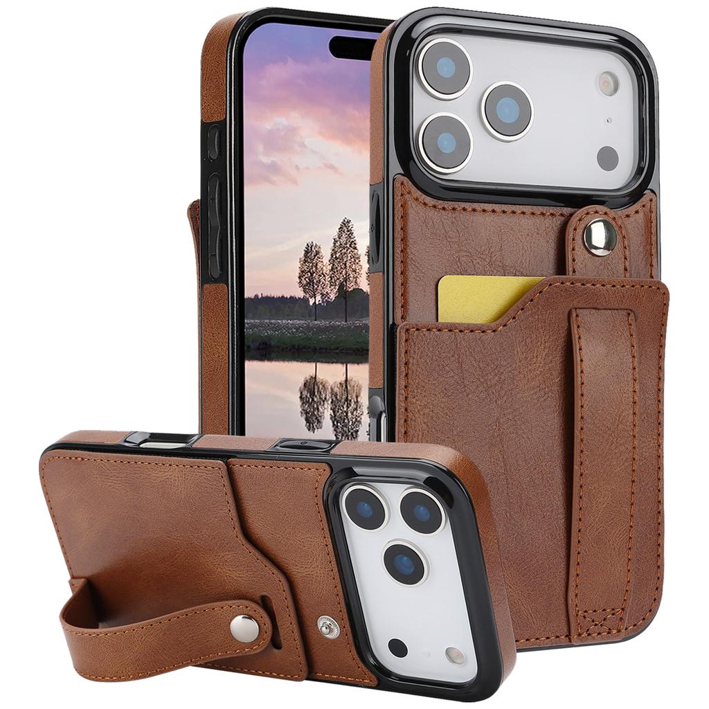 Cards Solt Wallet Wrist Band Leather Case for IPhone 17 16 15 Pro Max 12 13 11 XS X XR 15Plus Bracket Wristband KickStand Cover