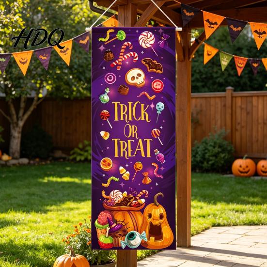 Entrance Door Decorations Halloween Flag Banner Backdrop, Spooky Pumpkin Witch Ghost Hanging Easy Home Decor Background Decoration for Indoor Outdoor