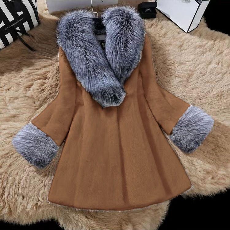 Office Lady Commute Coat Elegant Imitation Fur Hair Collar Splicing V Neck Nine-quarter Sleeves Warm FurJackets Coat For Women