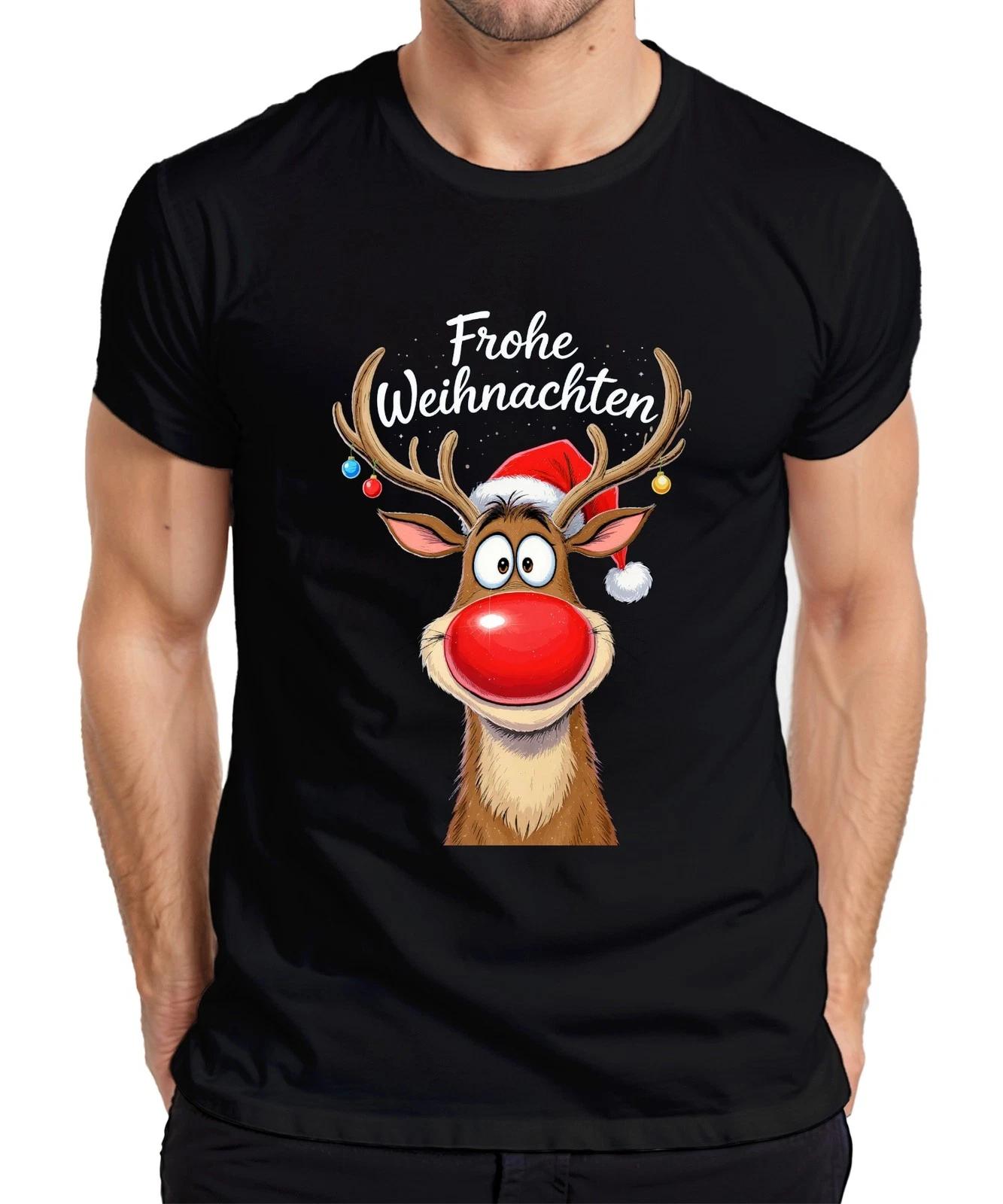 Merry Christmas Reindeer Rudolph Red Nose Santa Hat Cute Mens T-Shirt- L