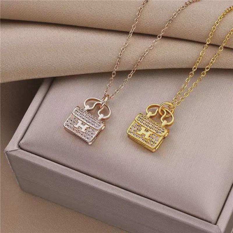 All-Match Titanium Steel H Bag Necklace - Advanced Design Clavicle Chain with Diamonds for Women - Perfect Gift for Girlfriends.