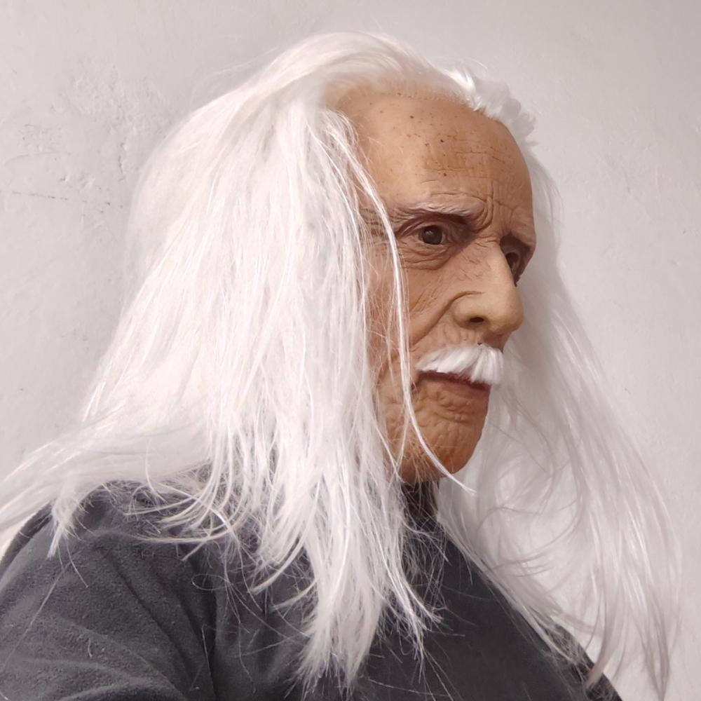 Realistic Full Head Latex Mask with Beard for Men Long White Hair Halloween Costume Party Prop Old Man Cosplay Headgear