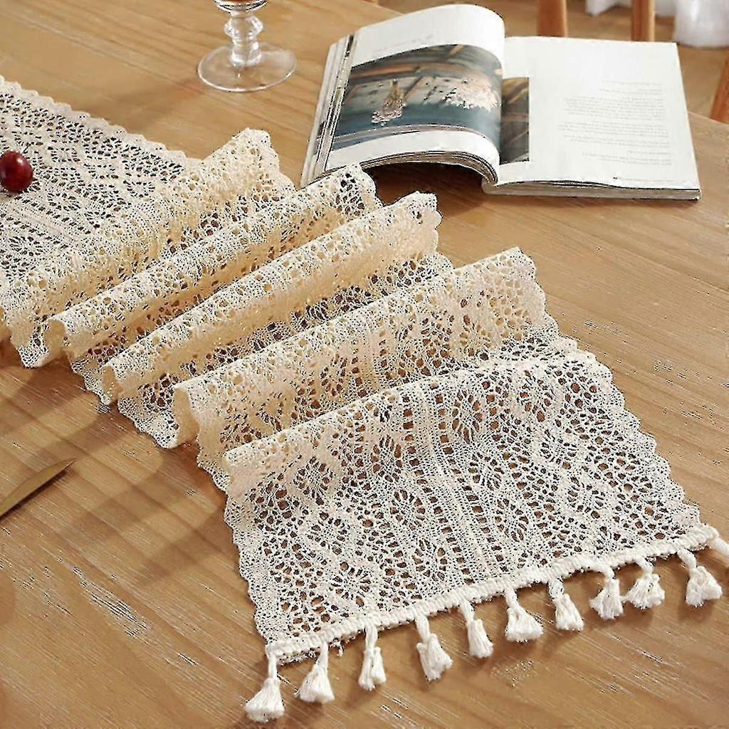 Vintage Crochet Table Runner, 24*220cm Vintage Lace Table Runner With Tassels For Wedding Festival Party Event