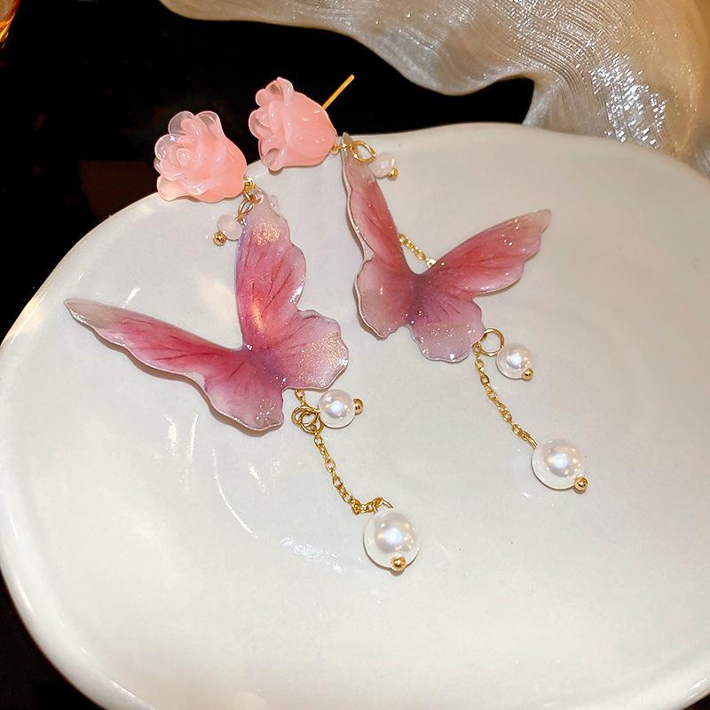 Super fairy pink flower love fringed earrings versatile temperament earrings light luxury earrings women
