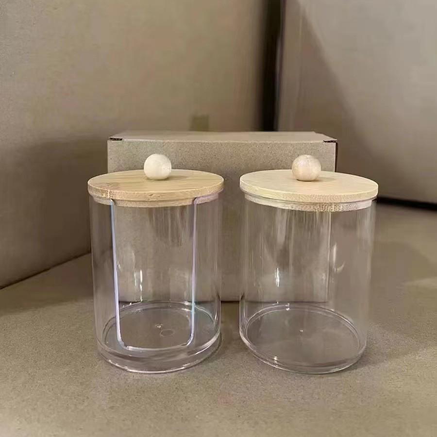 Bamboo Lid Cotton Swab & Makeup Remover Acrylic Storage Box: Includes Cotton Balls, Dental Floss, Round Box