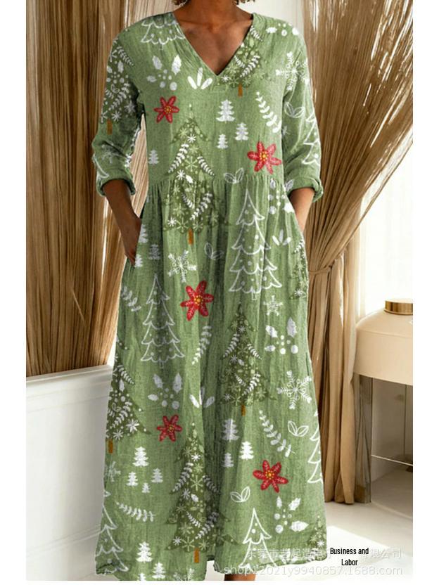 2025 Women s Floral Print V-Neck Mid-Length Dress - New European & American Casual Fashion XXXL