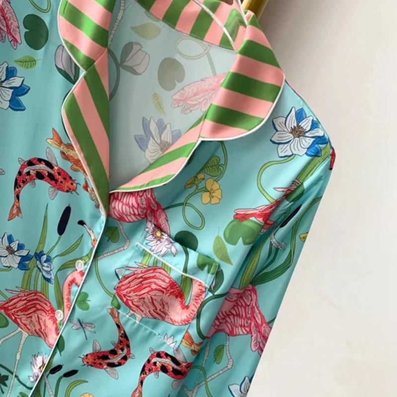 Flamingo Damen Sommer Frühling Satin Seide Illustration Blume Nachtwäsche Dünnes Zweiteiliges Set Pyjama