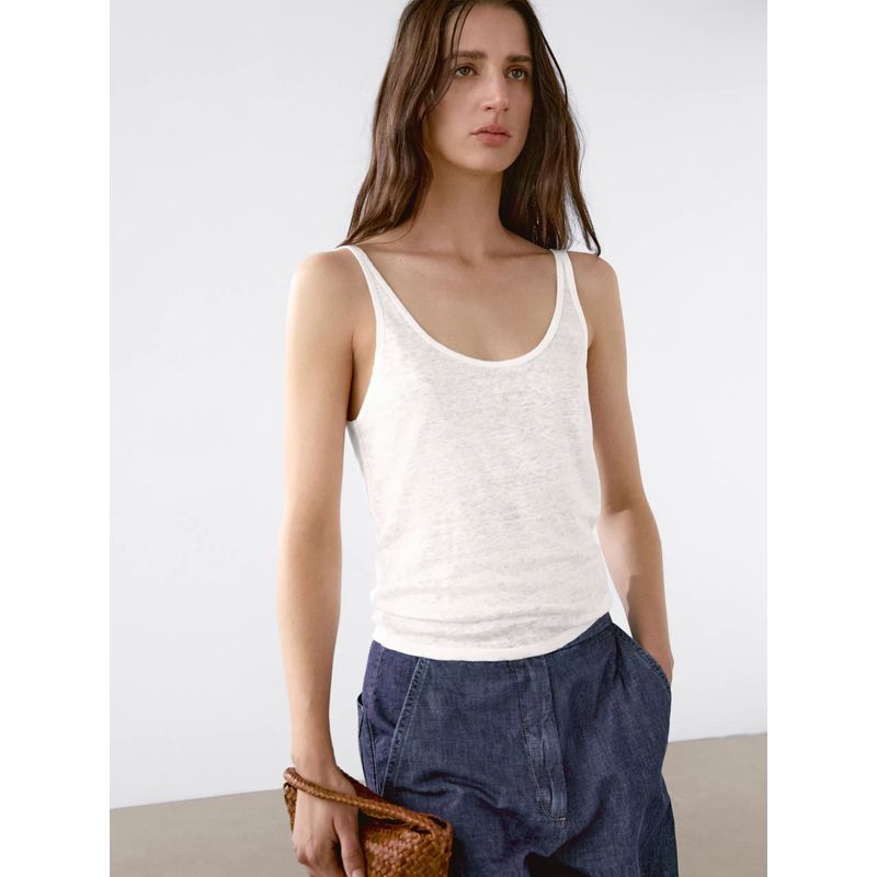 Linen Vest French style UK Spaghetti Strap Cotton Top Cami Vest Sexy White Large U-Neck Thread Export