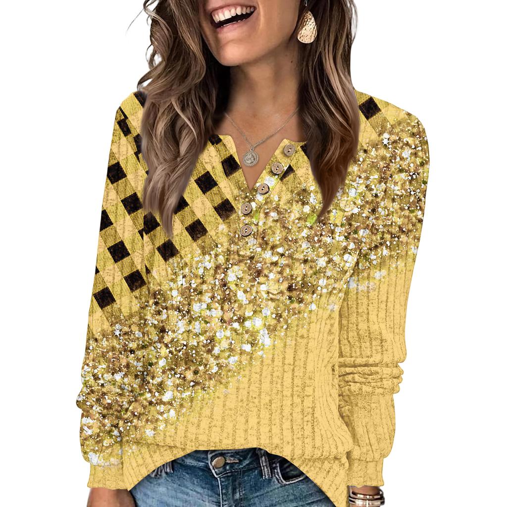 Women's Fashion V-Neck Button-Up T-Shirt With Patchwork Print Long-Sleeved Top