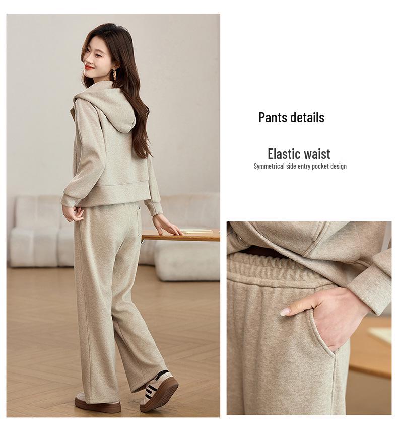 2025 Spring/Autumn Women's Petite Hooded Knit Tracksuit: Sweatshirt & Wide-Leg Pants Set