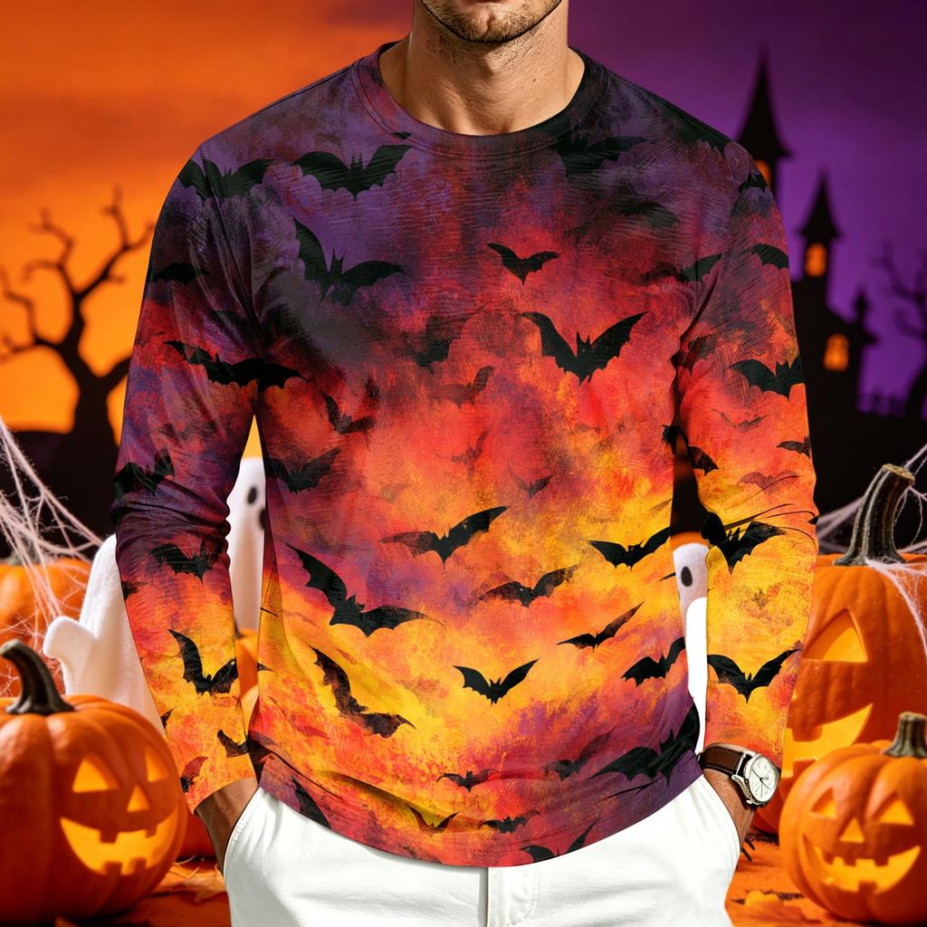 Men's Casual Long Sleeve Halloween Printed T-Shirt for Everyday Wear