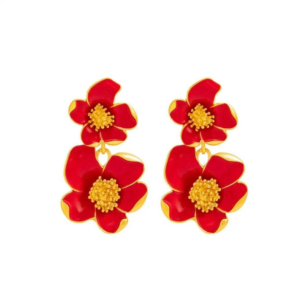 SHIXIN Vintage Exquisite DoubleLayer Oil Dripping Flower Stud Earring Women Romantic Trendy Piercing Ear Daily Wear Jewelry Gift