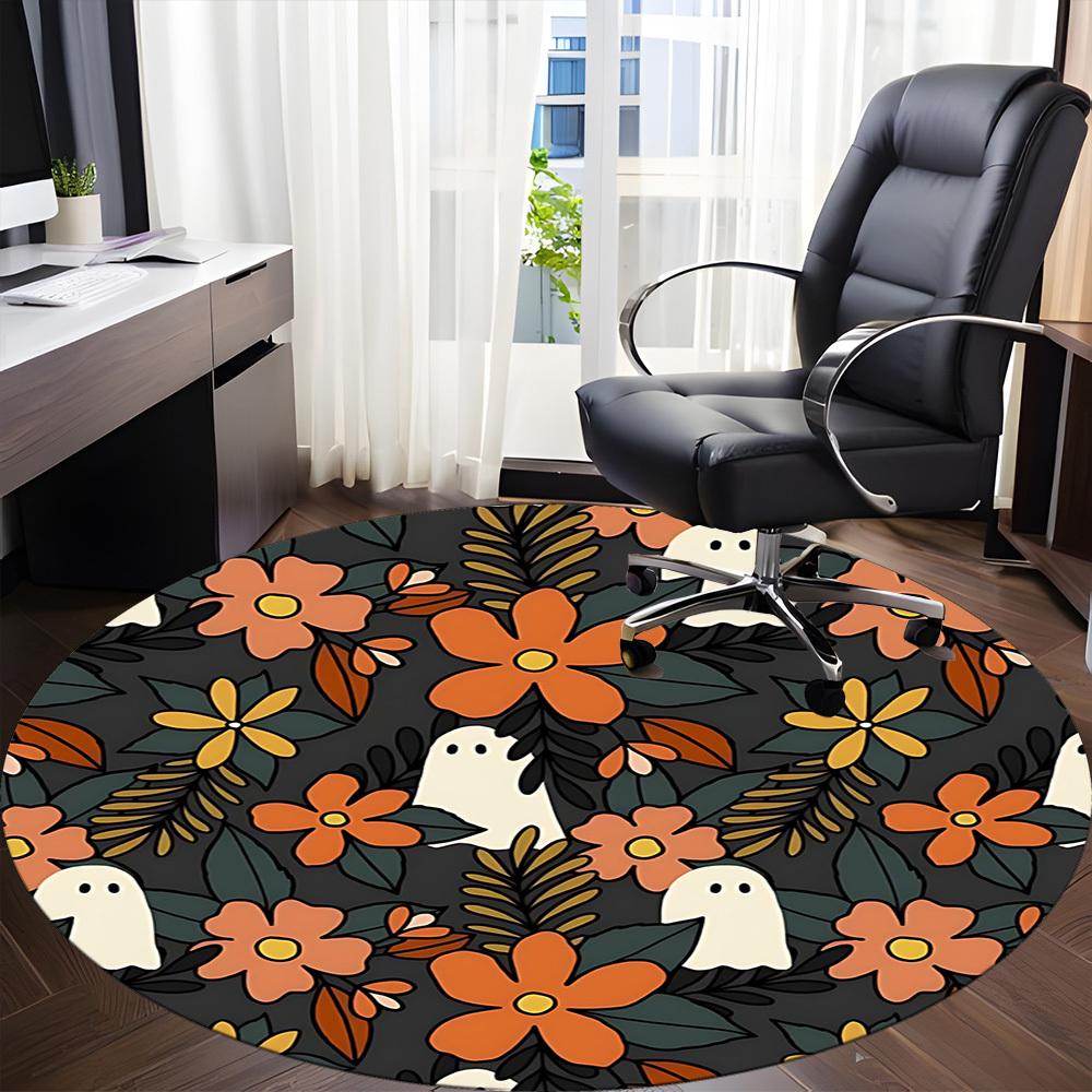 1pc Ghost Floral Office Round Area Rug, Mat Suitable For Office, Under Office Chairs Bedroom Living Room Home Decor, Room Deco