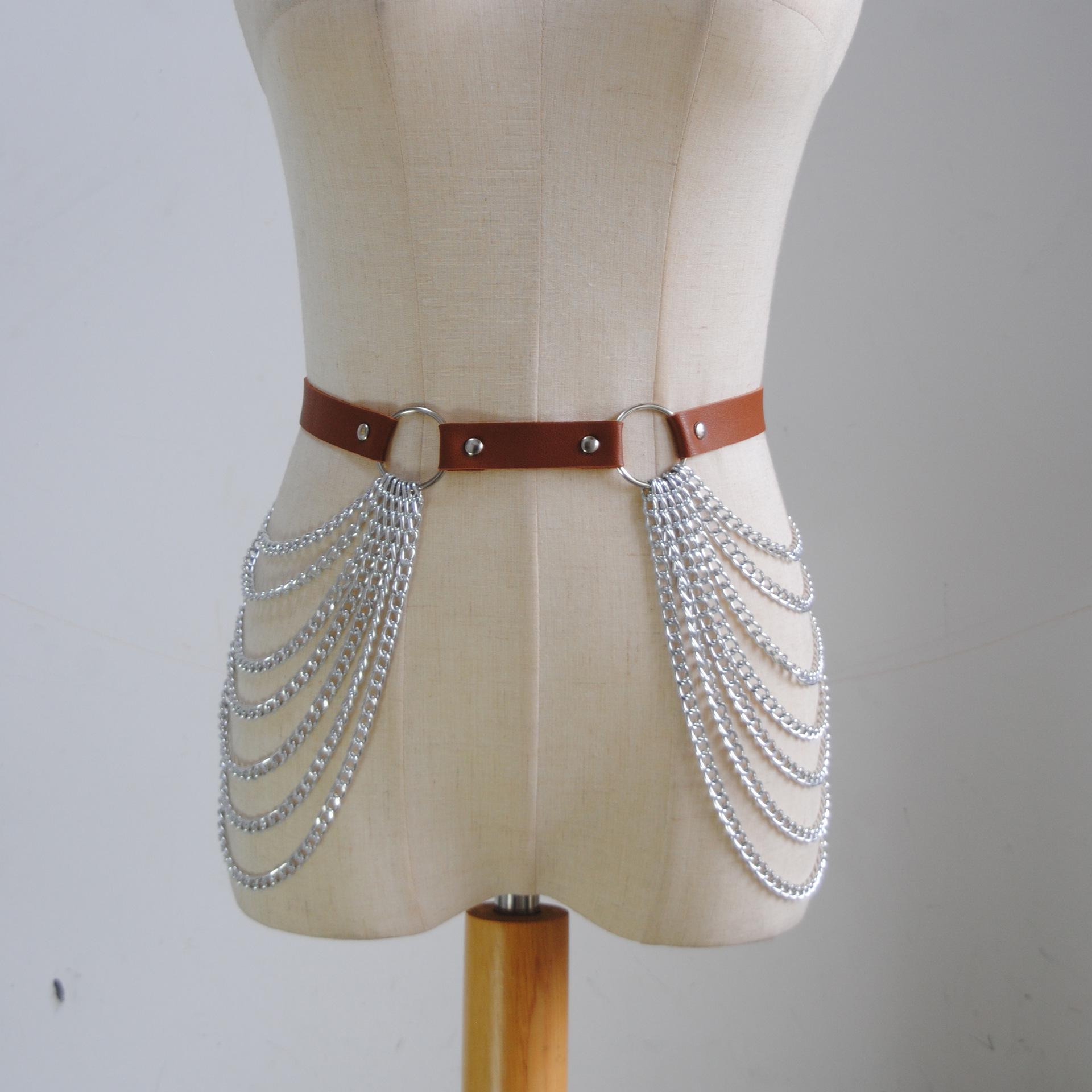 

Многослойная цепочка для тела с кисточками в стиле панк с корсетом из искусственной кожи коричневый