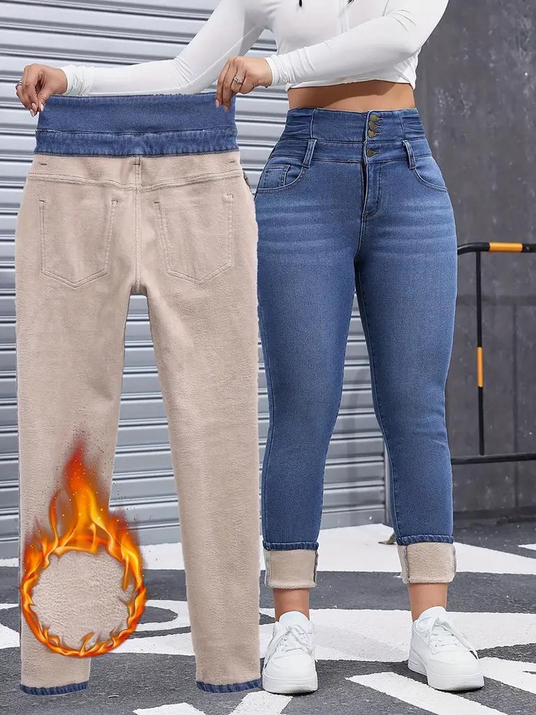 Kvinnor Tjocka Varma Jeansbyxor Hög Midja Knappar Byxor Smal Passform Pennbyxor Casual Enfärgade Fickor Jeans Slida Liten Stretch