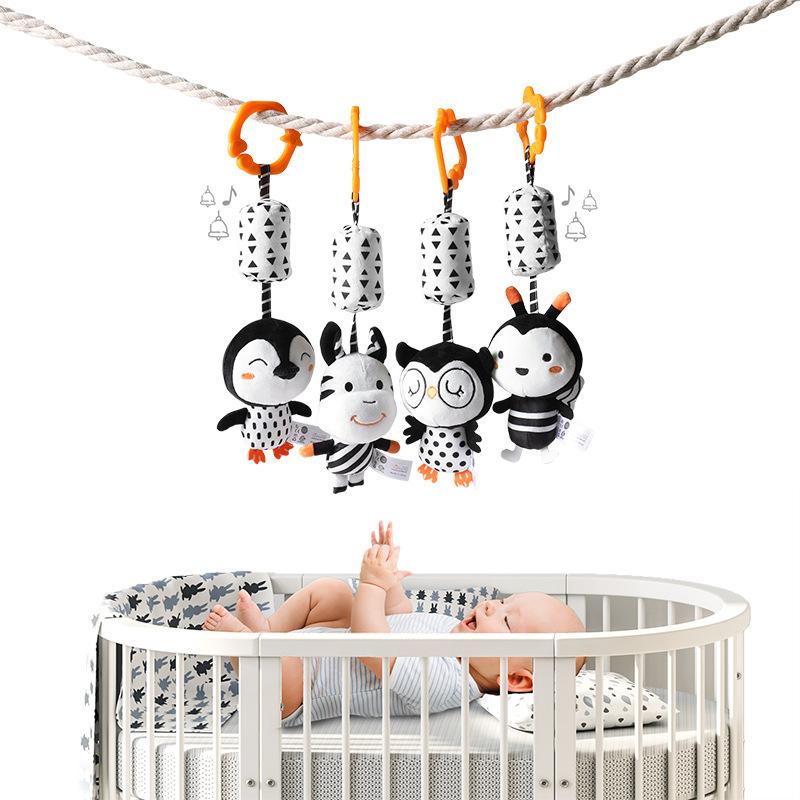 Newborn Visual Stimulation Black And White Baby Plush Animal Baby Toy, Cart Bed Bell/Wind Chime Pendant