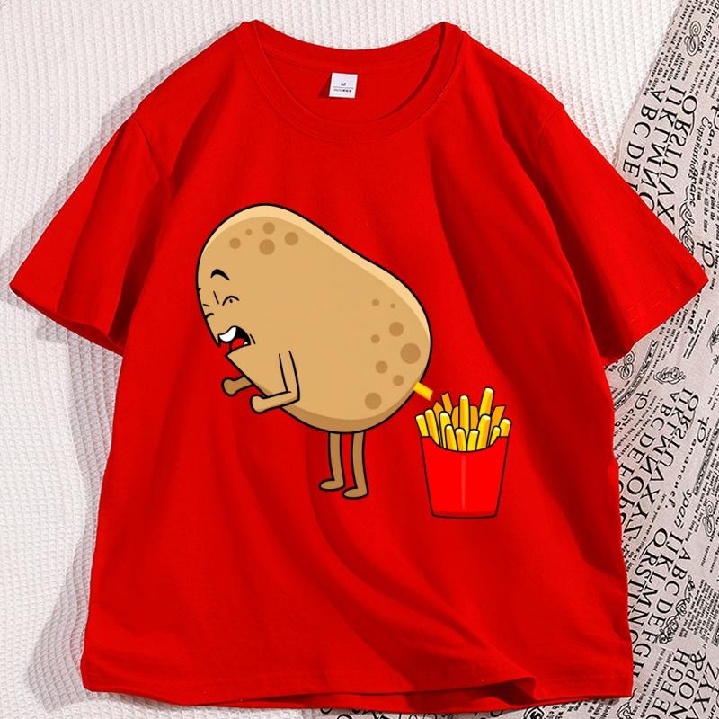 Funny Potato Fries Cartoon T Shirt Kawaii Food Humor Tshirt for Men Women Casual Loose Printed Tshirt Short Sleeve Clothes