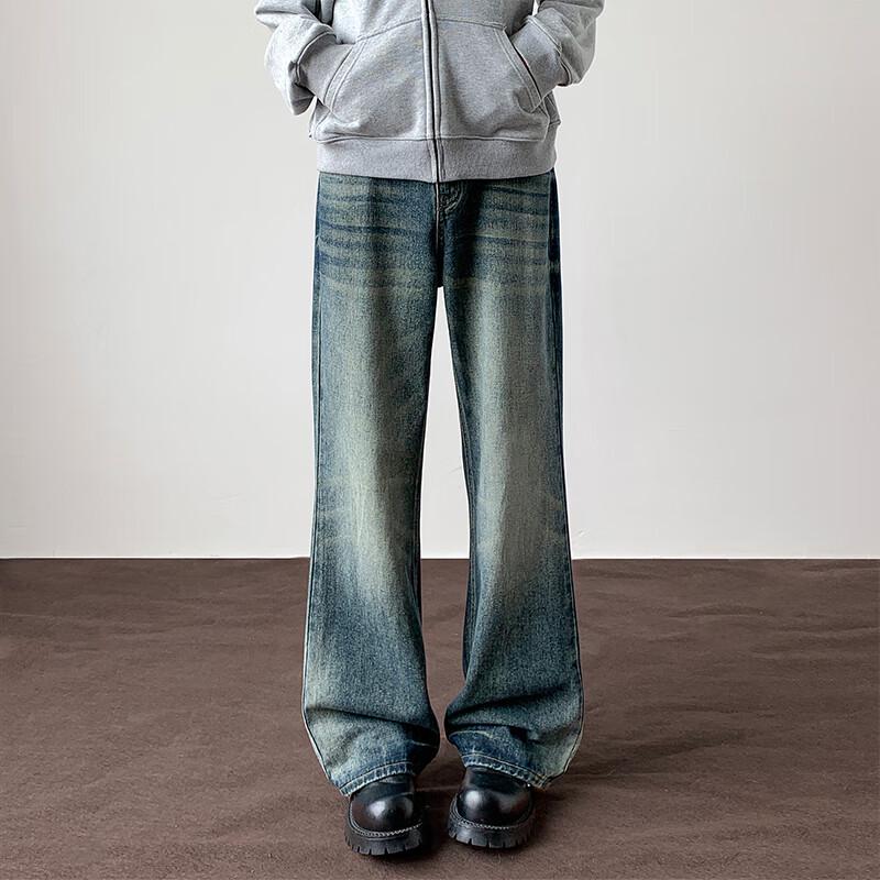 VUUG Men's Retro Loose Fit Straight Leg Jeans with Lightning Texture