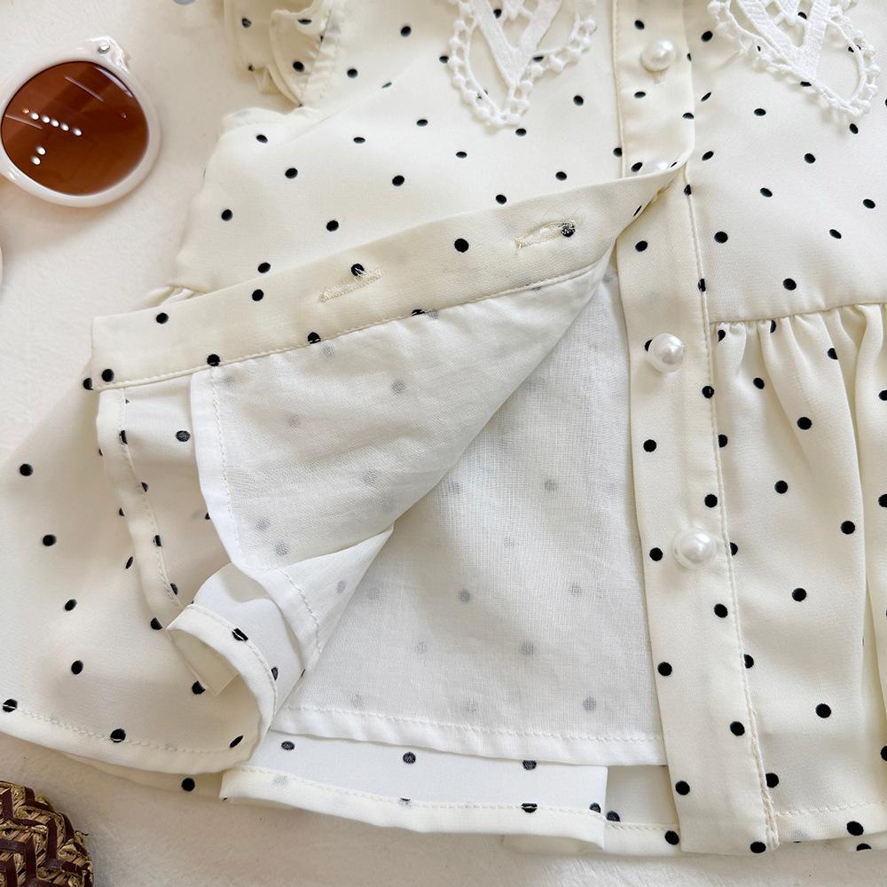 Baby Girl Summer Polka Dot Sleeveless Top And Heart Cutout Bow Shorts Two Piece Set With Lace Trim