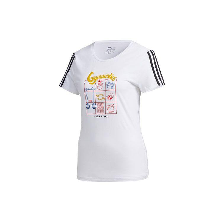 Adidas Neo Three Stripes Color Block Pattern Print Round Neck Short Sleeve T-Shirt Women Tops White GK1568