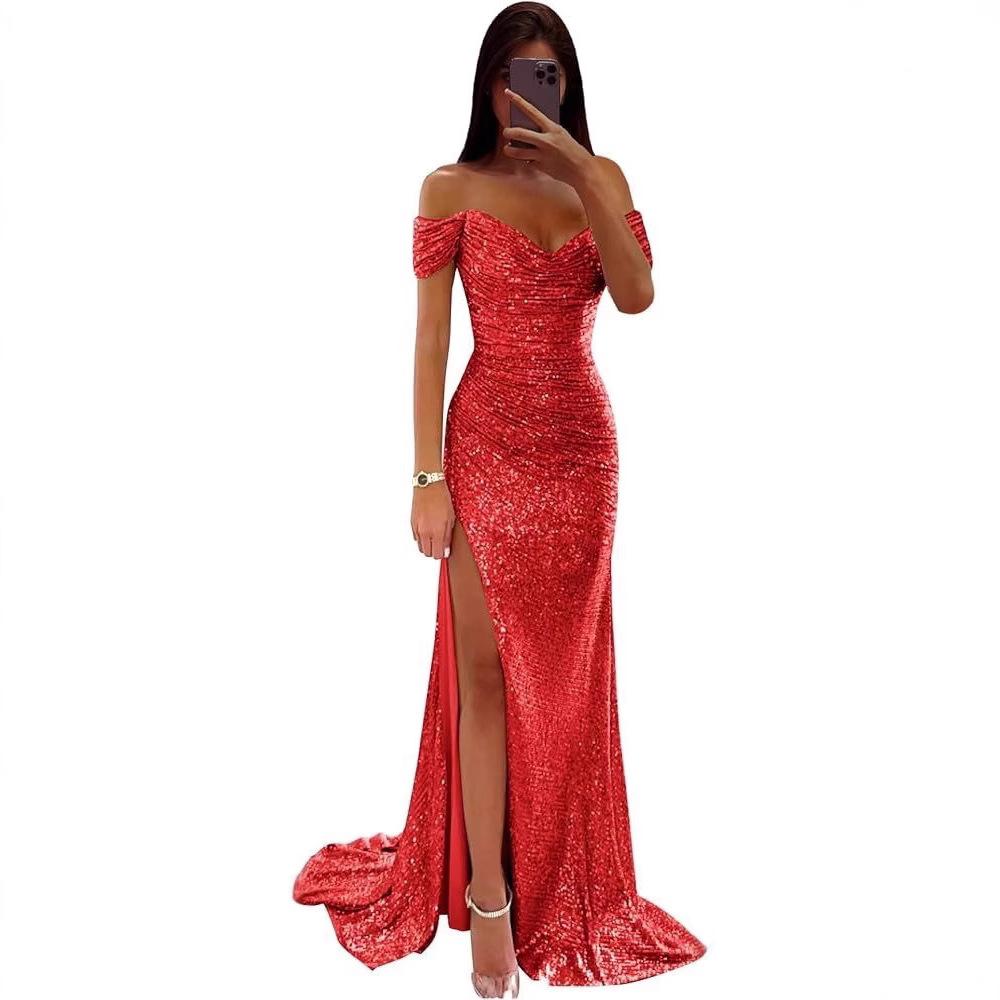 New Women's Off Shoulder Sequin Evening Dress High Slit Bodycon Maxi Party Gown for Formal Cocktail Prom Wedding Guest Events