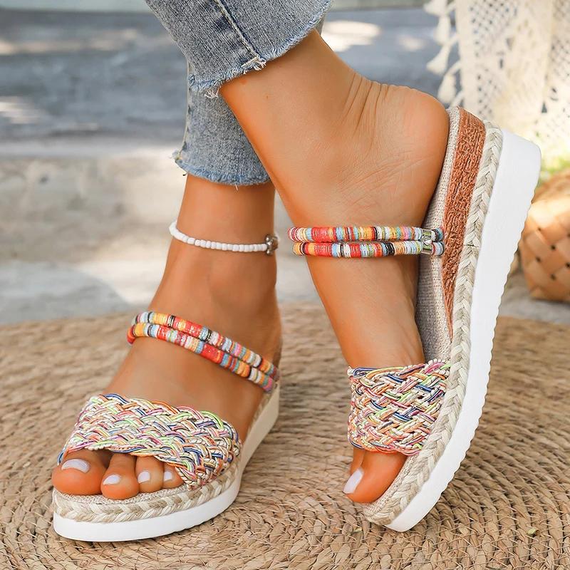 Fashion Summer Beach Vocation Bohemian Sandals Woman Wedge Heels Colorful Woven Platform Slippers Women Plus Size 43 Sandalias De Mujer