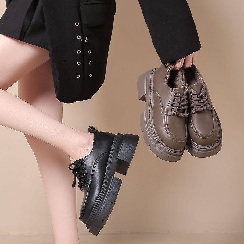 British style platform lace-up small leather shoes women's 2025 winter new retro versatile velvet platform heightening loafers