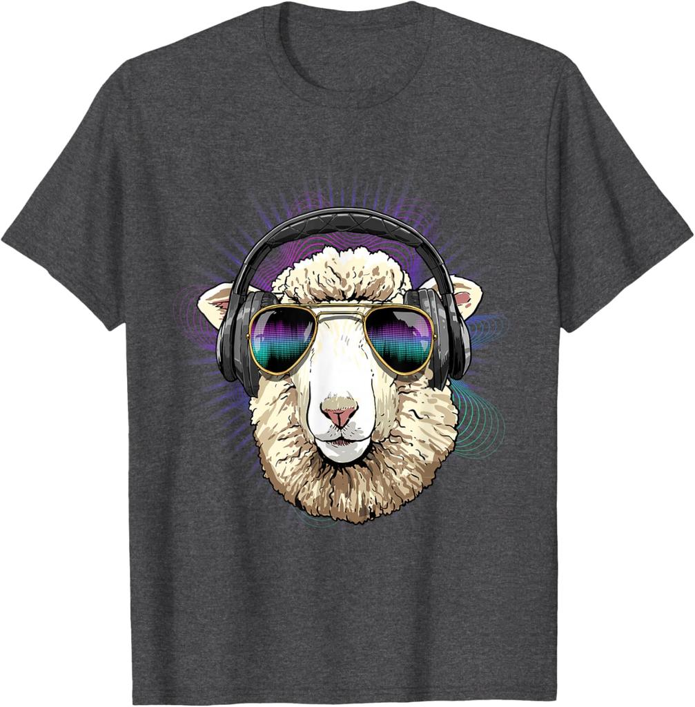 Music Sheep DJ Graphic Tee Cool Animals Headphone Rave T-Shirt Men Trip