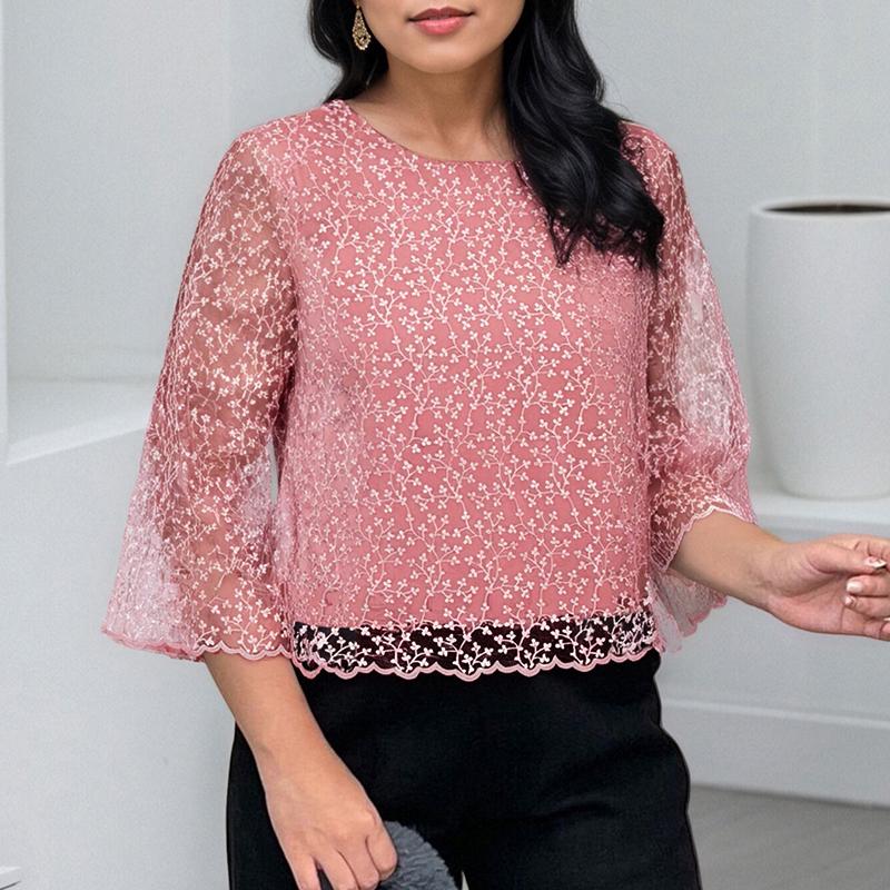 

ZANZEA Женская повседневная блузка с круглым вырезом, рукавами 3/4, сетчатыми кружевными вставками 5XL розовый