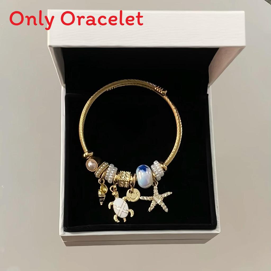 Ocean Vacation Style Stainless Steel Bracelet With Diamond Accents And Adjustable Turtle Charm For Women