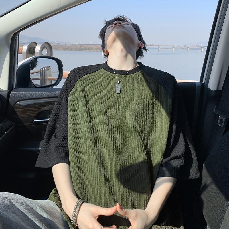 

Текстурный Контрастный Цвет Короткие Рукава для Мужской Ледяной Шелк Тонкий Летний Новый Американский Хай Стрит Свободный Половина Рукава 5XL зелёный