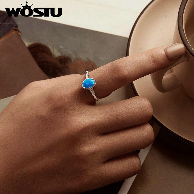 WOSTU 925 Sterling Silver Crown Blue Opal Ring With Translucent Opal For Women Party Wedding Anniversary Gift Fine Jewellery