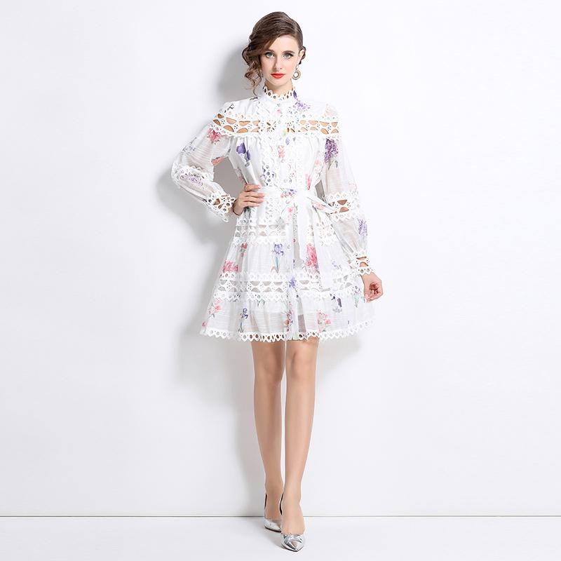 Printemps Automne Femmes Vintage Col Montant Imprimé Dentelle Patchwork Mini Robes De Soirée Courtes