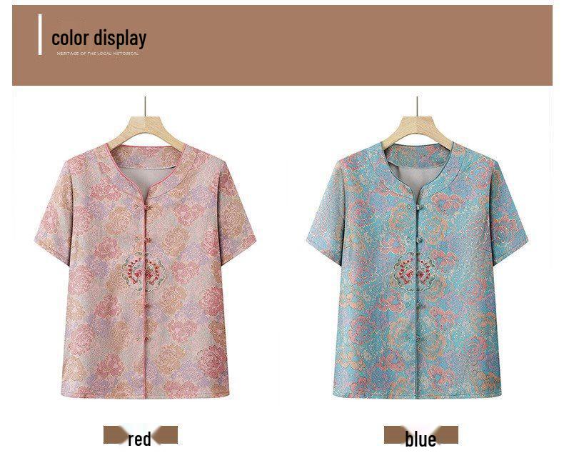 Mom's Chinese Style Summer Top Set: Short-Sleeved Shirt & Two-Piece Outfit for Middle-Aged and Elderly Women