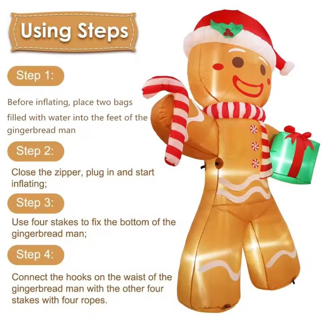 Christmas Inflatable Gingerbread Man 8 Feet with Fan and Anchor Rope with LED Lights for Halloween Indoor Patio Holiday