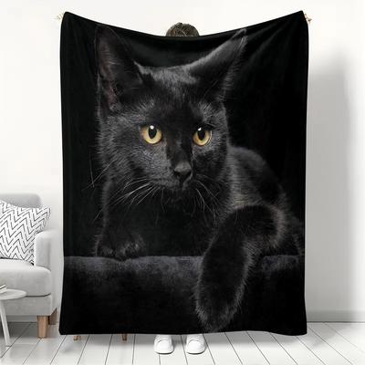 Mysterious Black Cat Flannel Blanket, Realistic Feline Portrait Throw, Soft Cozy for Cat Lover Home Decor, Warm Sofa Couch Gift