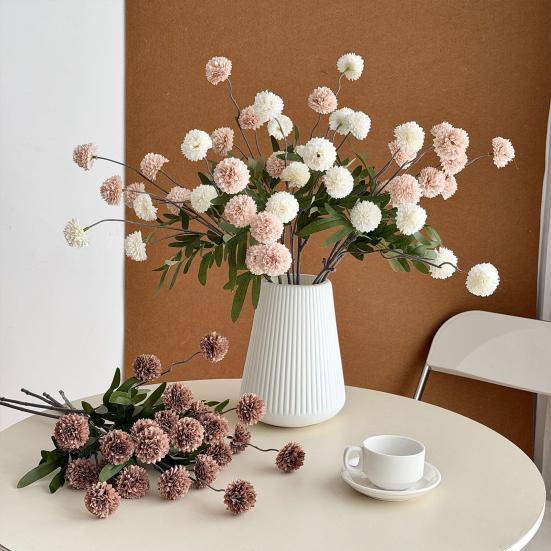 Artificial Pompon Mum, 5 Heads Faux Mini Chrysanthemums Ball, Small Fake Flower Stem for Vase Filler, DIY Bouquet, Autumn Table Centerpiece, Flower