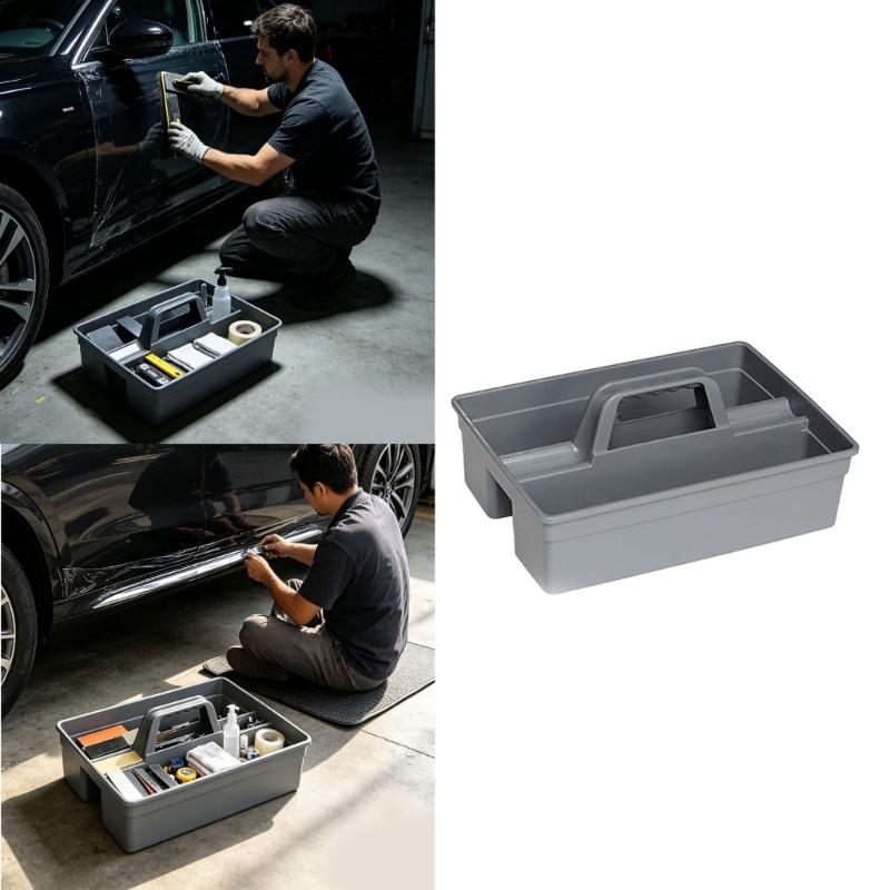 Cleaning Supply Tray Open Top Plastic Tool Storage Box With Center Slots and Carry Handle for Household Tasks, Detailing Gear, and Garage Use