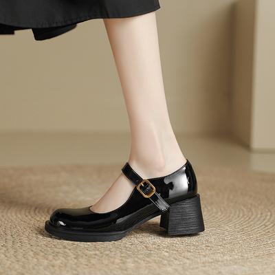 Sweet French Thick Heel Light Mouth Mary Jane Shoes Women's Spring and Summer One-word with Round Head High Heel Single Shoes Black Small Leather