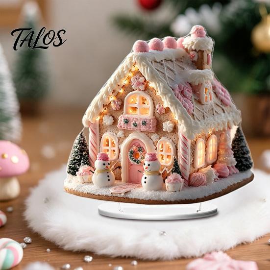 Winter Themed Decorative Art Christmas Acrylic Ornament, 2D Flat Snowy Cottage Ornament with Base, Small for Desk Display Santa Snowman Table