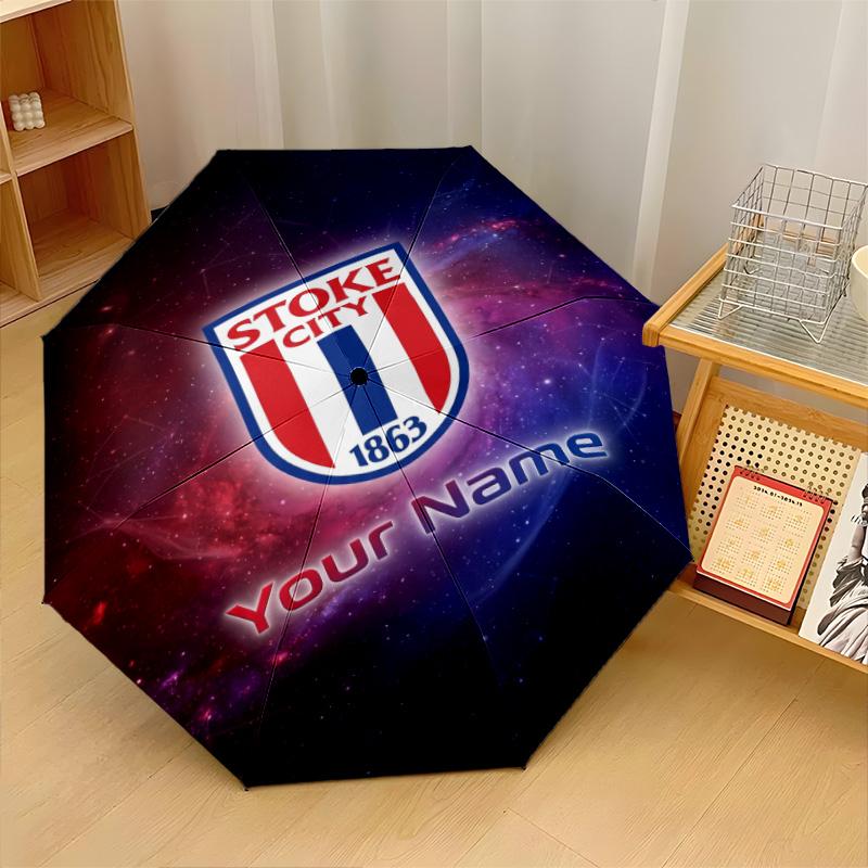 Stoke City FC Automatic 3‑Fold Umbrella 8‑Rib Windproof Folding Umbrella Sun Rain Protection For Outdoor Travel Daily Use