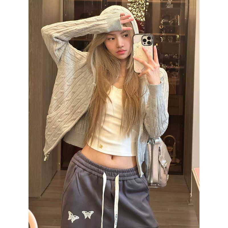 

Cable Stitch Double Zipper Short Coat Soft Glutinous Cardigan Sweater Gray S([Recommended 37.50 kg-45.00 kg]])