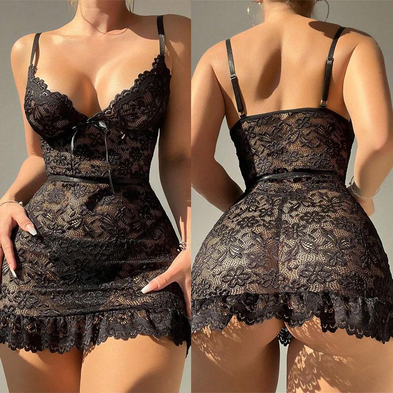 Women Floral Lace Bra Set Sexy Nightwears+Thongs Transparent Lace Mini Dress Sheer Erotic Shapewear Night Dress