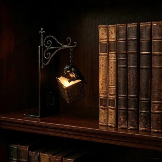 Decorative Metal Bookends for Shelves Gothic with Hanging Light, Cat Raven Ghost Unique Study Room Accessories Bookshelf Lamp, Vintage Church