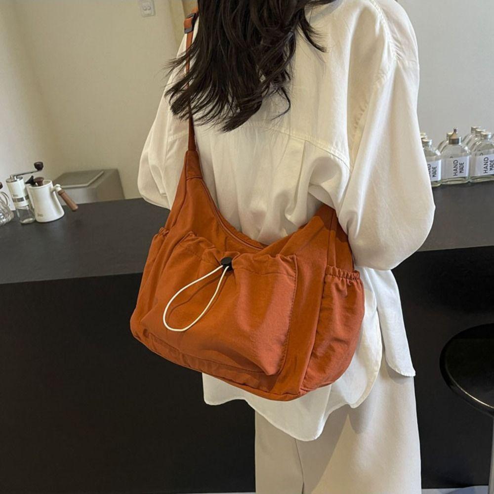 Lightweight Drawstring Tote Bag Solid Color Pleated Shoulder Bag New Nylon Crossbody Bag  School