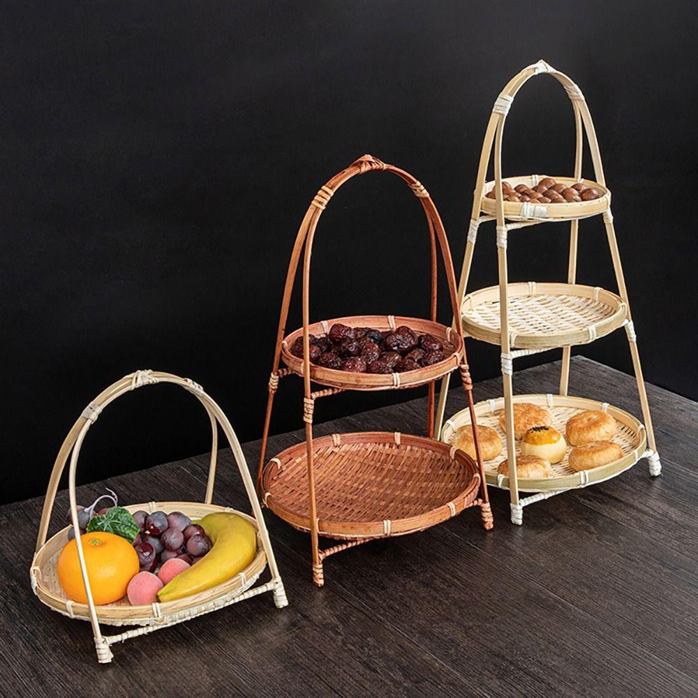 1Pcs Fruit Food Vegetable Bamboo Woven Basket 1/2/3 Layers Standing Tray Storage Basket  For Kitchen